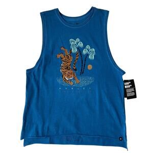 Hurley Tiger Tree Tank Top Women M Teal Blue Biker Cottagecore Raw Hem Beach NWT